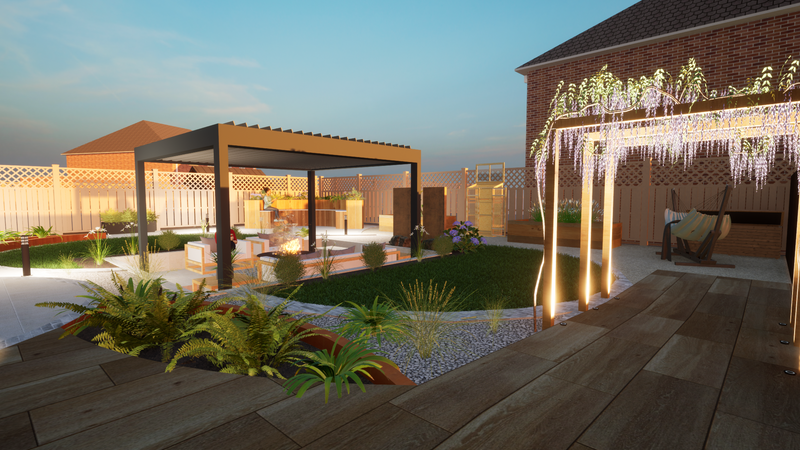 A modern backyard garden at dusk featuring a wooden pergola adorned with hanging lights and flowers, a central seating area under a contemporary canopy with a fire pit, lush green grass, various plants in raised beds, and a hammock in the background near a wooden fence. The scene is illuminated with warm ambient lighting, creating a cozy and inviting atmosphere.