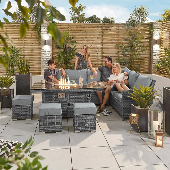 Cambridge L-Shaped Corner Rattan Lounge Dining Set with 3 Stools - Right Handed Gas Fire Pit Table in Grey Rattan