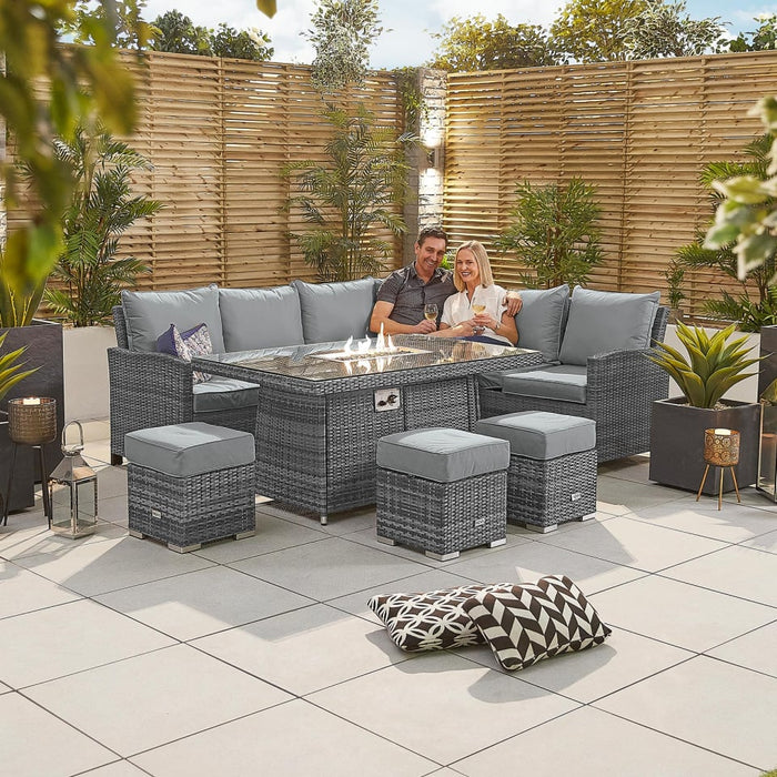 Cambridge L-Shaped Corner Rattan Lounge Dining Set with 3 Stools - Right Handed Gas Fire Pit Table in Grey Rattan