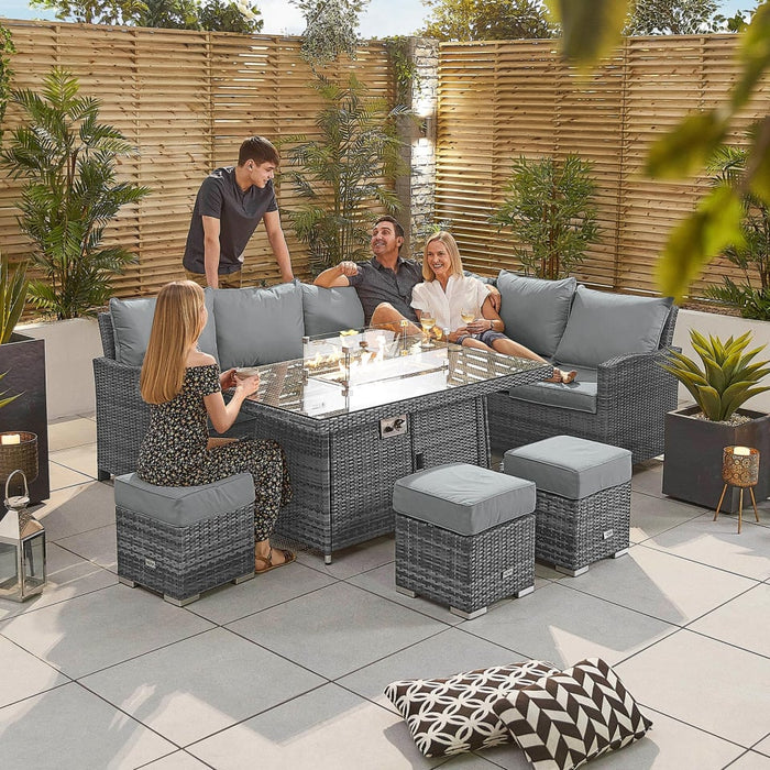 Cambridge L-Shaped Corner Rattan Lounge Dining Set with 3 Stools - Right Handed Gas Fire Pit Table in Grey Rattan